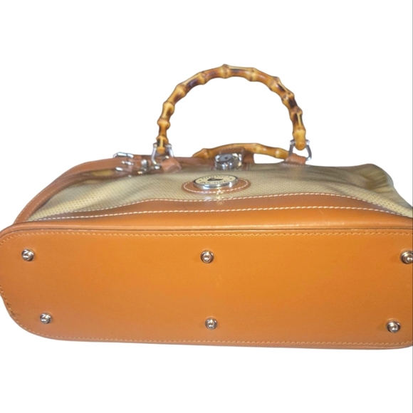 Dooney & Burke 70's Vintage Panama Collection Bamboo Handle Tan and Cream Bag - Picture 6 of 11